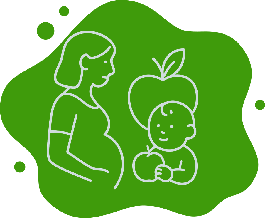 Ernährung für jede Lebensphase - Schwangere Frau, Baby und ein Apfel im Hintergrund
