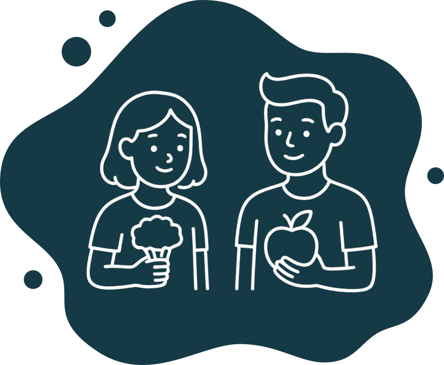 zwei Kinder mit Brokolli und Apfel in der Hand