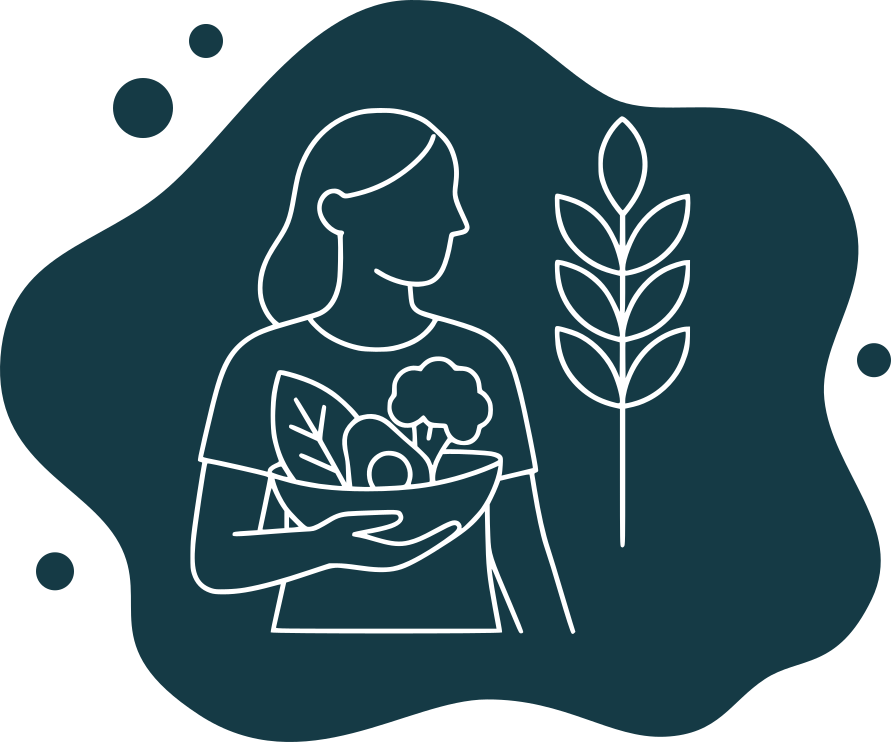 Frau hält Schale mit Gemüse, rechts daneben Getreide